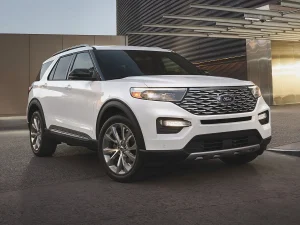 2022 White Ford Explorer with modern background