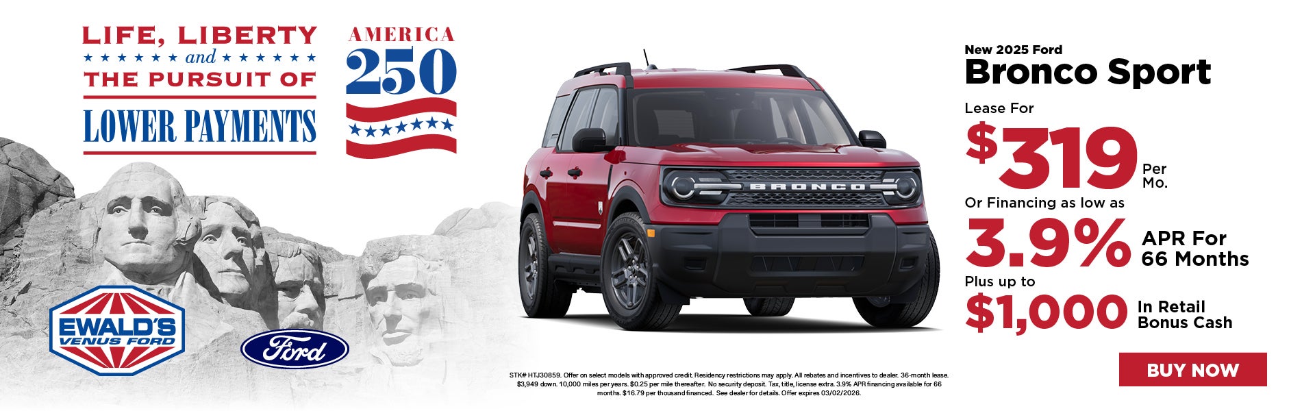 2025 Ford Bronco Sport lease for $319 or 3.9% APR or $1,000 