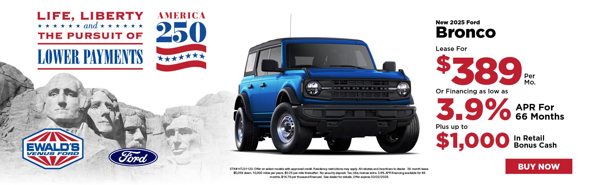 2025 Ford Bronco lease for $389 or 3.9% APR or $1,000 Bonus 
