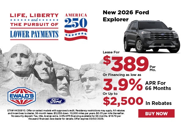 2026 Ford Explorer lease for $389 or 3.9% APR or $2,500 in r