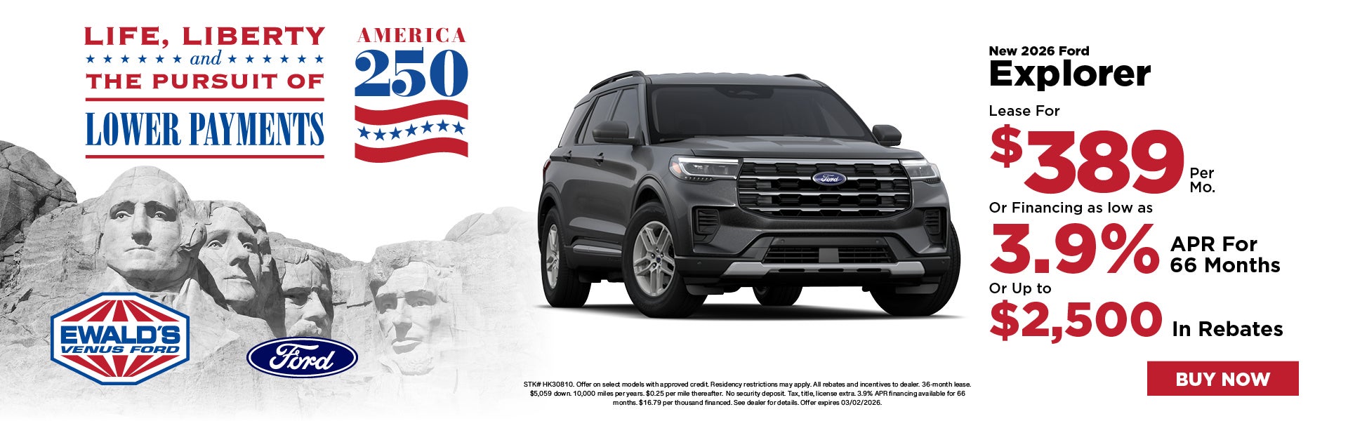 2026 Ford Explorer lease for $389 or 3.9% APR or $2,500 in r