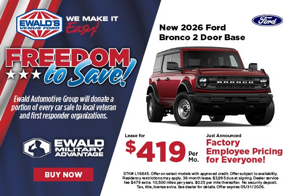 2026 Ford Bronco 2-Door Base Lease $419, employee pricing!