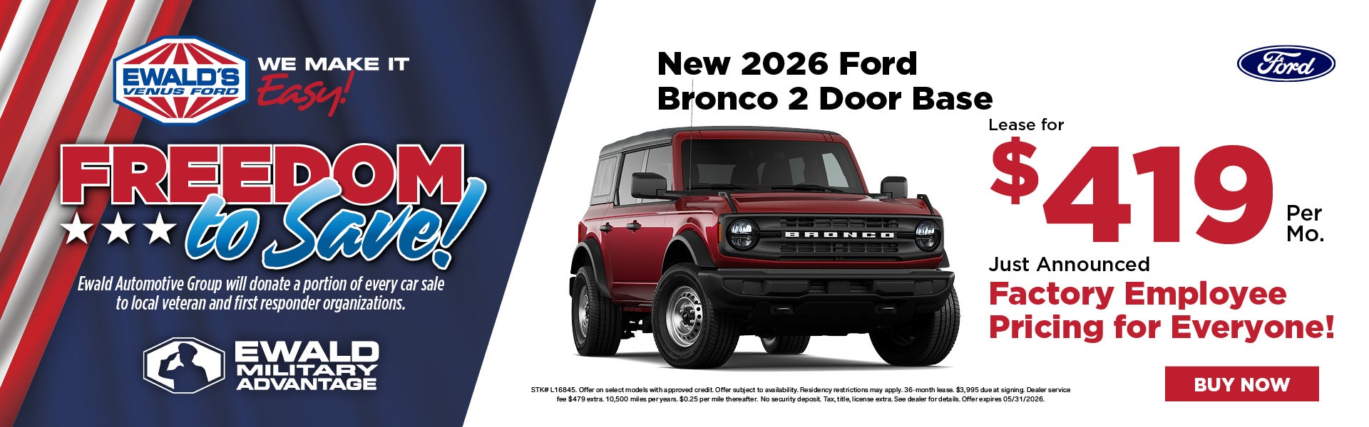 2026 Ford Bronco 2-Door Base Lease $419, employee pricing!