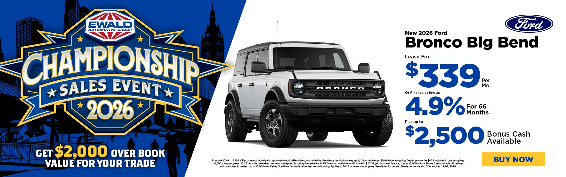 2026 Ford Bronco Lease $399 or 4.9% for 66 or $3,000 Cash
